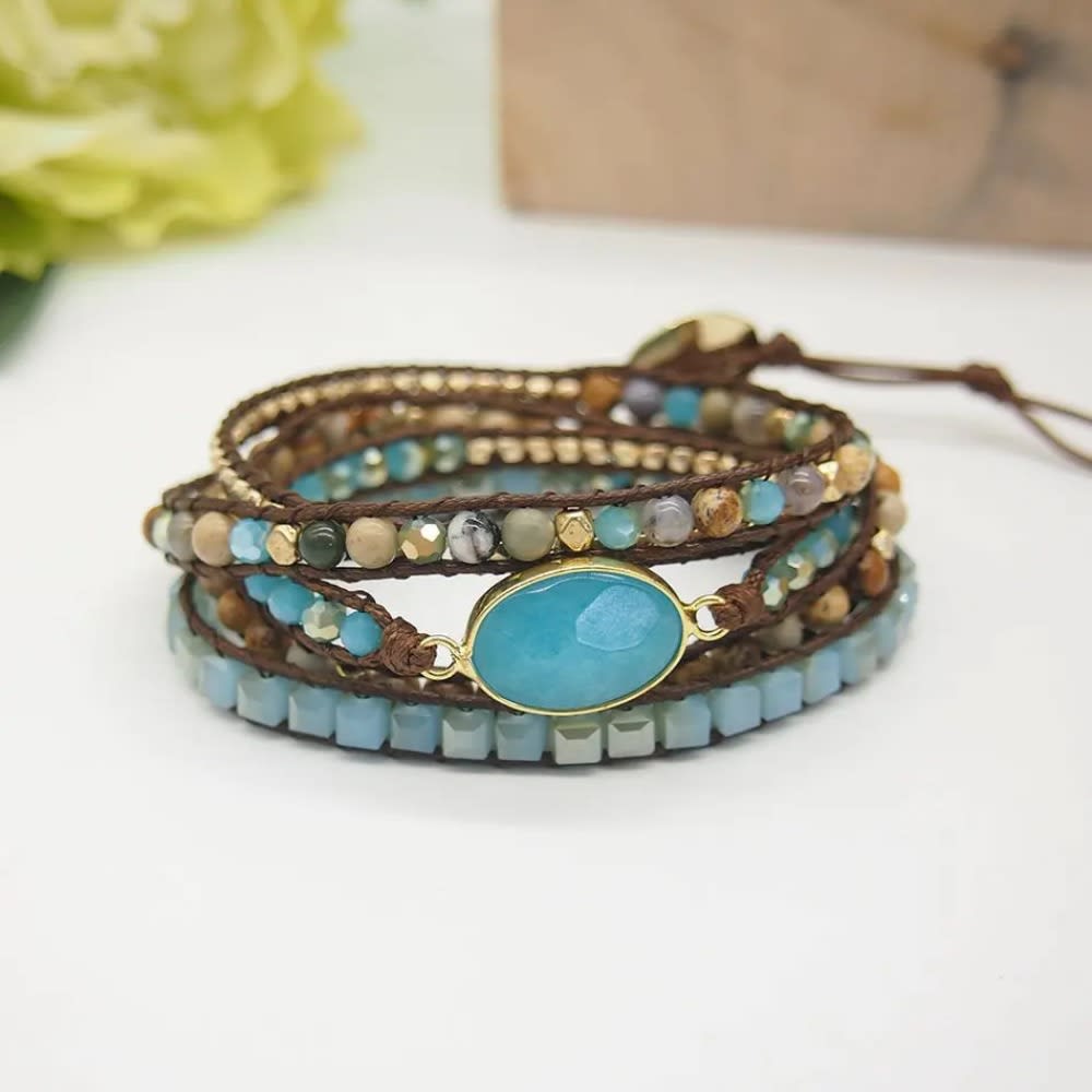 Creative New Design Natural Druzy Stone Bead 5 Wraps Statement Boho Crystal Bracelet Jewelry